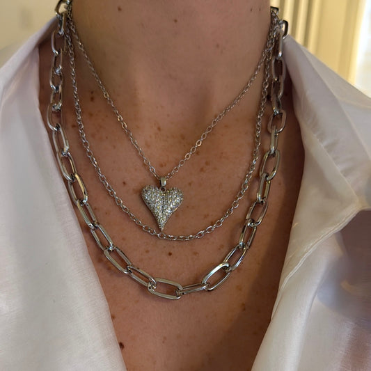 Three-piece silver heart necklace