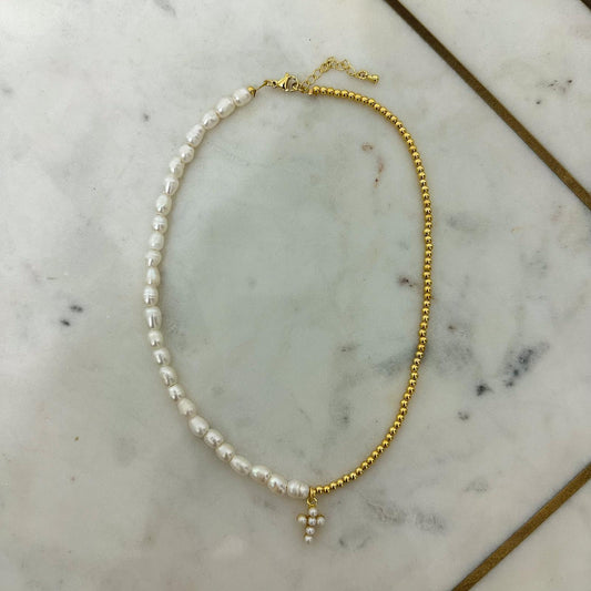 Collar Balines/ Perlas y Cruz